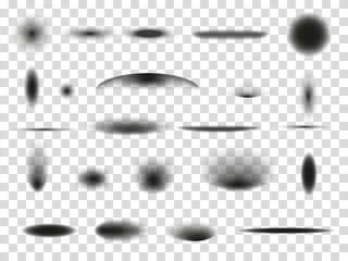 Ball floor shadow. Shade effects. White 3D pack. Circular gradient objects. Realistic circle and ellipse graphic shapes. Drops bottom. Dark spots set. Vector transparent background