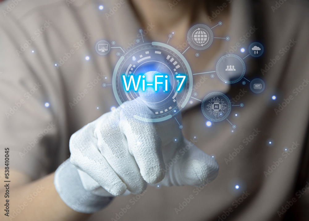Poster concept man using wifi technology 7 connected to the internet world with new technology