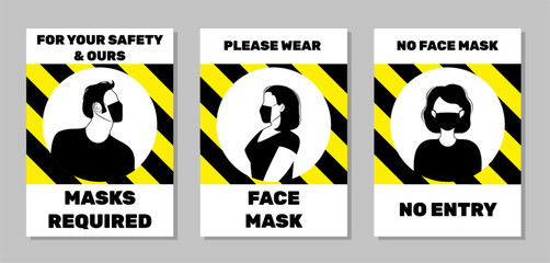 Warning pictogram. Face PPE notice. Coronavirus prevention. Wear mask flyers. Covid-19 infection. Silhouette persons heads with respirators. Vector current illustration posters set