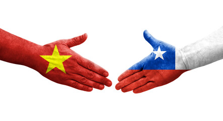 Handshake between Chile and Vietnam flags painted on hands, isolated transparent image.