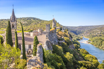 Église Saint-Roch d'Aiguèze with river Ardèche in the back, France