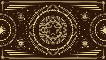Celestial sun frame, boho circle ornament. Bohemian tattoo, engraving retro art, spiritual crescent. Astrology golden pictogram, moon and stars. Occult poster, vector abstract illustration