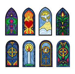 Fantasy stained-glass windows. Book print. Renaissance architecture cathedrals. Art gothic paper. Ancient shapes. Medieval church mosaic glasses set. Vector abstract tidy silhouettes - obrazy, fototapety, plakaty