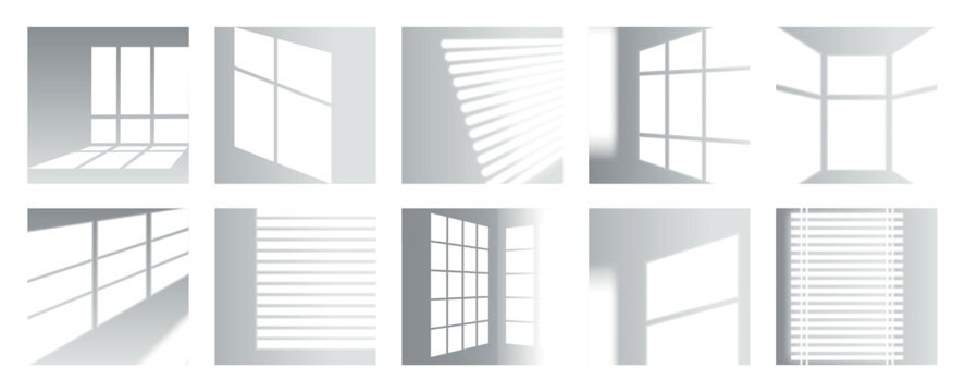 Overlay sun light shadows from window. White wall or floor with black effect. Sunlight shapes. Jalousie overlap shades mockup. Lighting beams in room. Vector abstract backgrounds set