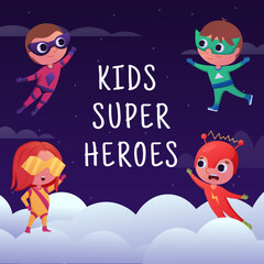 Child hero. Brave superhero kids. Courage baby power. Happy school people fly in night sky. Party invitation card. Heroic fashion costumes with capes. Vector cartoon recent poster design