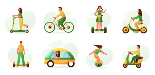 Electric car. Ecological vehicles. Motorcycle and bicycle. Transport battery icons. People on scooters. Persons drive hoverboards. Eco friendly automobiles set. Vector flat illustration © Natalia