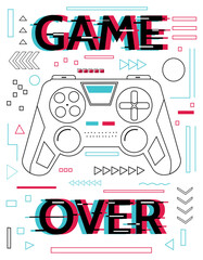 Game over poster. Video gaming joystick. Contour gamepad and glitch lettering. Play arcade. Line elements. Cyber sport. Entertainment technology. Console with buttons. Vector banner © SpicyTruffel
