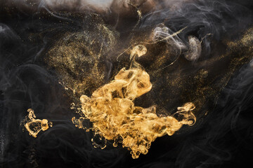 Golden sparkling abstract background, luxury black smoke, acrylic paint underwater explosion, cosmic swirling ink