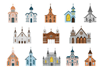 Church buildings. Abbey chapel. Bell tower. Religious architecture. Faith in Jesus. Family wedding or garish business. Gothic monastery. Vector wooden and stone catholic temples set - obrazy, fototapety, plakaty