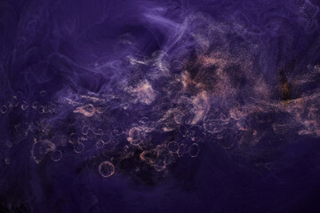 Lilac sparkling abstract background, luxury gold smoke, acrylic paint underwater explosion, cosmic swirling ink