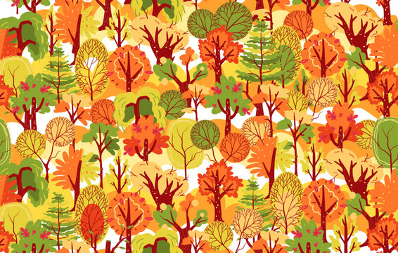 Autumn pattern, fall nature background. Vintage trees stamp, floral summer season, foliage exact cover. Orange woodland print. Decor textile, wrapping paper. Vector seamless design