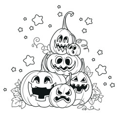 Many of Halloween pumpkins lanterns outlined for coloring page isolated on white