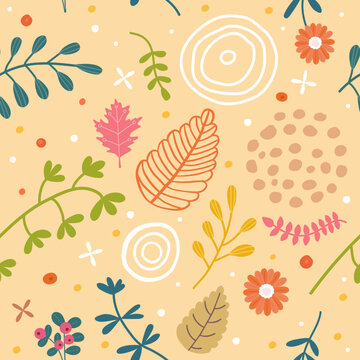 Fall pattern, autumn floral leaf flower and abstract doodle elements. Cute nordic print, vintage line branch, forest plants, textile decor, wrapping paper. Vector seamless background