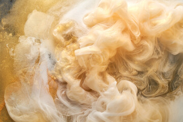 Golden sparkling abstract background, luxury white smoke, acrylic paint underwater explosion,...