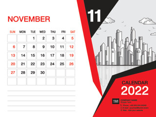 November 2022 year - Desk Calendar 2022 template, Wall calendar 2022 layout ,business template, Week starts Sunday, Stationery design, printing media, publication design