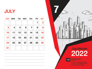 July 2022 year - Desk Calendar 2022 template, Wall calendar 2022 layout ,business template, Week starts Sunday, Stationery design, printing media, publication design