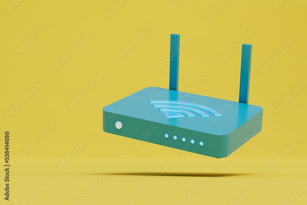 Aufkleber router for distributing the wi-fi signal. router with a wi-fi icon on a yellow background. 3d render