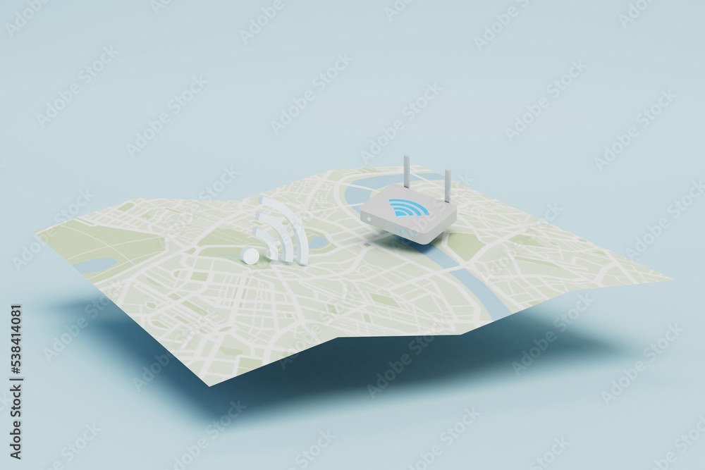 Aufkleber distribution of a wi-fi signal. a map with a toyaka location and a router with a wi-fi icon. 3d rend
