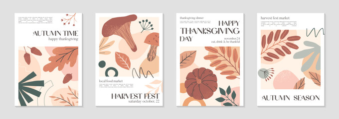 Happy Thanksgiving dinner and harvest posters with pumpkins,foliage and copy space for text.Autumn season covers for invitations,social media marketing,greetings,brochure.Trendy holiday backgrounds.