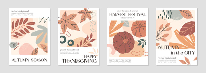 Happy Thanksgiving dinner and harvest posters with pumpkins,foliage and copy space for text.Autumn season covers for invitations,social media marketing,greetings,brochure.Trendy holiday backgrounds.