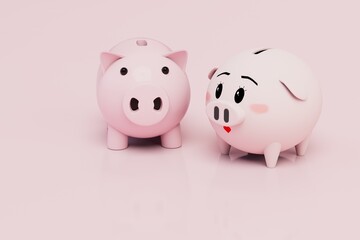 keeping money in the piggy bank. piggy bank in the form of a man and a woman on a pastel background. 2D render