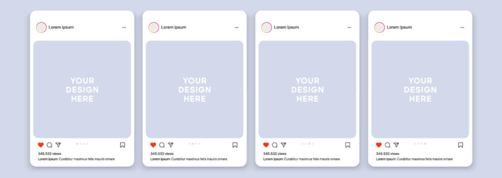 Instagram carousel post template mockup. Mobile app interface with blank pictures editable posts.. Scroll frame pages, social media photography. Isolated UI vector design.