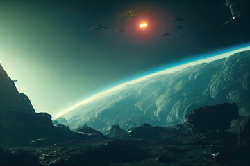 Alien Planet sci-fi outer space encounter wallpaper 3D Illustration with copy space 