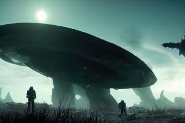 Alien Planet sci-fi outer space encounter wallpaper 3D Illustration with copy space 