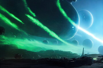 Alien Planet sci-fi outer space encounter wallpaper 3D Illustration with copy space 