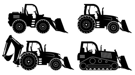 Bulldozers and backhoe silhouette on white background. Construction and mining vehicle icons set view from side. © Yuri Schmidt
