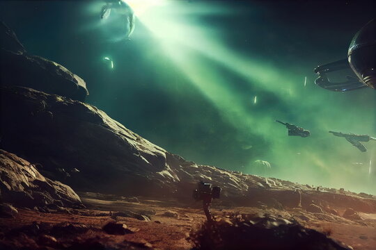 Alien Planet sci-fi outer space encounter wallpaper 3D Illustration with copy space 