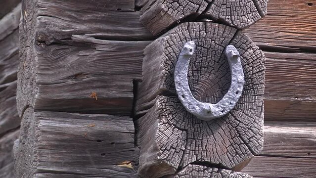 An old iron horseshoe hanging on the wall. Horseshoe on house log. As a symbol of luck.
