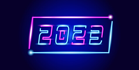 2023 Happy New Year neon background. Neon  frame with shining effects. Dark Background. Futuristic Design. Vector Illustration.
