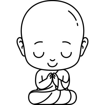 cartoon monk praying, black and white clip art preview