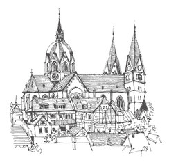Travel sketch of St. Peter 's Church of Heppenheim, Bergstrasse, Germany. Freehand drawing. Hand drawn travel postcard. Urban sketch in black color on white background. Building line art.