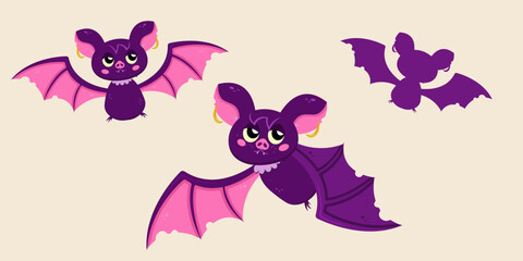 Collection of cartoon Halloween bat hanging upside down on a branch. Design for Halloween; Halloween mood. Woodland in the background with moon. Vector illustration