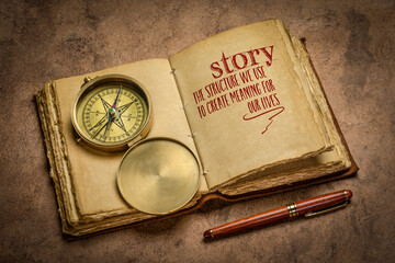 story - the structure we use to create meaning for our lives handwriting in a retro journal with a...