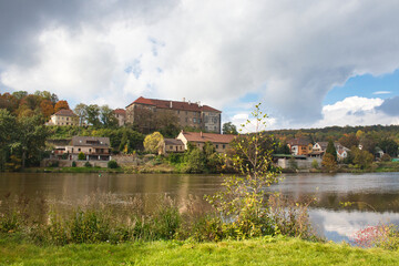 Nelahozeves Chateau, view over Vltava river in autumn day. Czech Republic.
