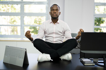 African Employee Doing Mental Health Yoga Meditation