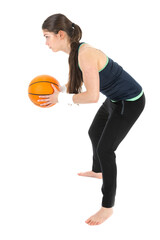 Pretty woman playing basketball, isolated on transparent background