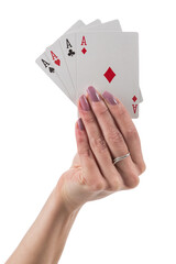 Female hand showing four aces cards