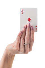 Female hand showing ace of diamonds card