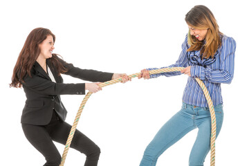 Two business woman pulling at a rope isolated on transparent background