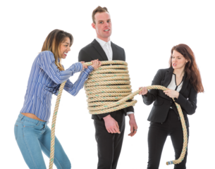 Two angry woman tying a business man with rope isolated on transparent background