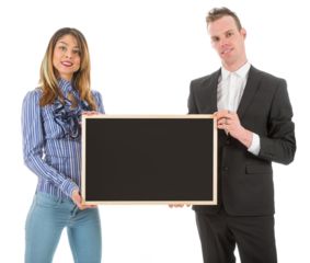 Business man and woman with empty chalkboard isolated on transparent background