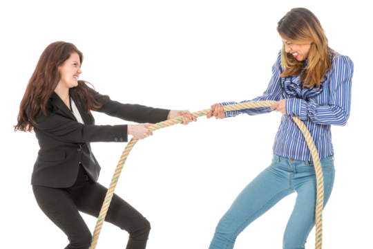 Two business woman pulling at a rope isolated on transparent background - Powered by Adobe