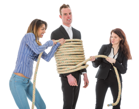 Two angry woman tying a business man with rope isolated on transparent background - Powered by Adobe
