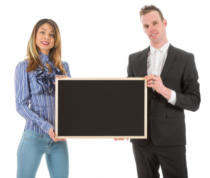 Business man and woman with empty chalkboard isolated on transparent background - Powered by Adobe