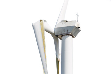 Wind turbine with broken wings after a heavy storm in the Netherlands isolated on transparent...