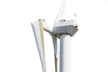 Wind turbine with broken wings after a heavy storm in the Netherlands isolated on transparent background